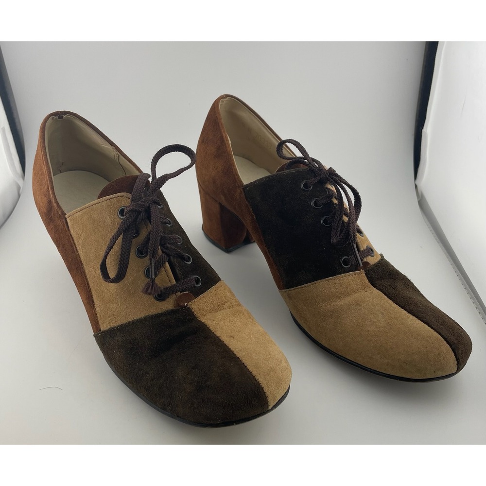 Vintage 60s Hush Puppies Colorblock Suede Mod Heels Lace Up Brown 8M pumps - Picture 5 of 16